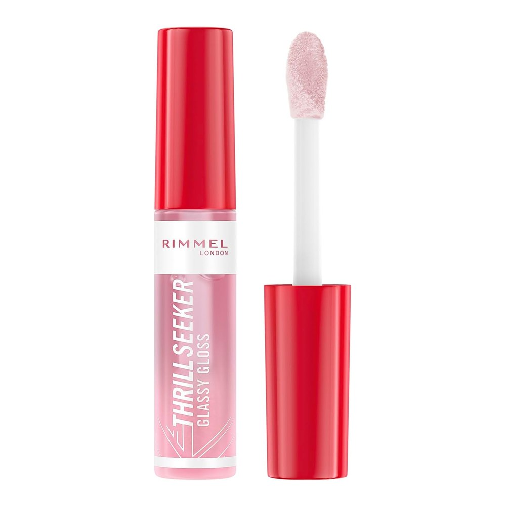Rimmel Thrillseeker Glassy Gloss 100 Coco Suga, Hydrating Shine, Hyaluronic Acid, Anti-Oxidant Complex, Non-Sticky, Big Applicator, Healthy-Looking Lips, Delicious Scent, Vegan, Cruelty Free